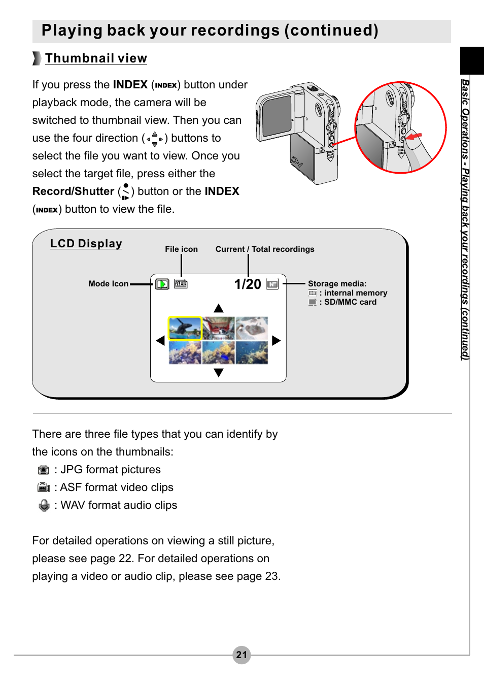 Playing back your recordings (continued), Thumbnail view | AIPTEK Pocket DV4500 User Manual | Page 22 / 86