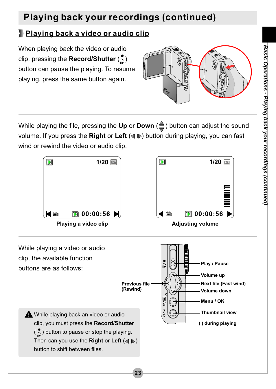 Playing back your recordings (continued), Playing back a video or audio clip | AIPTEK Pocket DV4500 User Manual | Page 24 / 86