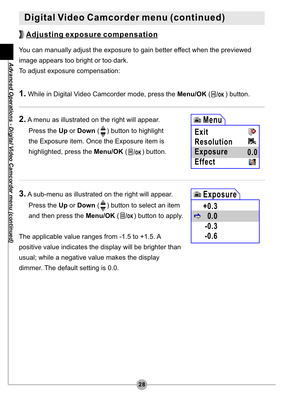 Digital video camcorder menu (continued), Exposure, Menu | Exit resolution exposure effect 0.0, Adjusting exposure compensation | AIPTEK Pocket DV4500 User Manual | Page 29 / 86