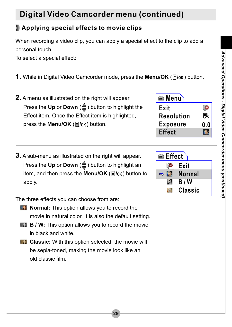 Digital video camcorder menu (continued), Menu, Effect | Exit resolution exposure effect 0.0, Exit normal b / w classic, Applying special effects to movie clips | AIPTEK Pocket DV4500 User Manual | Page 30 / 86