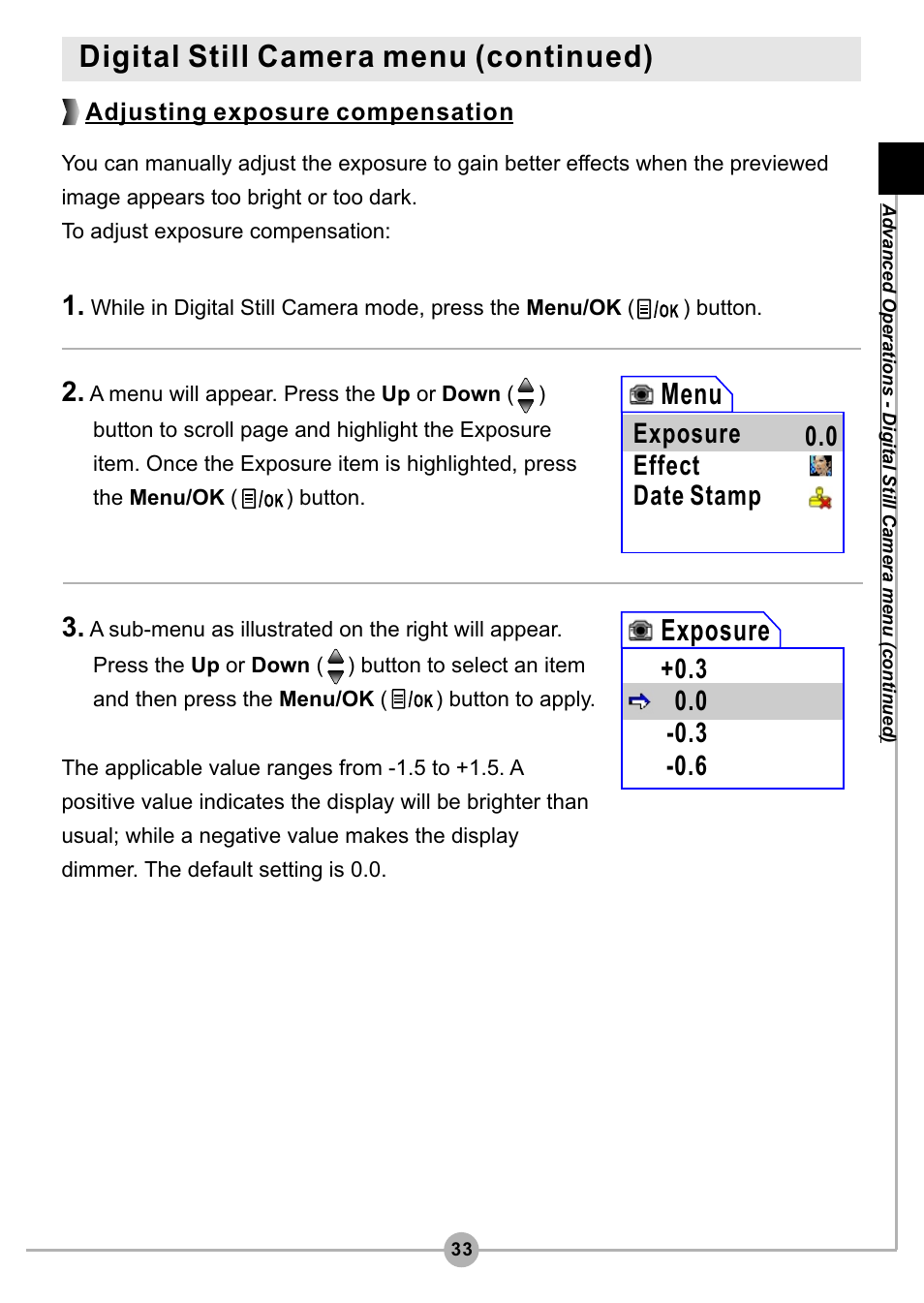 Digital still camera menu (continued), Exposure, Menu | Effect date stamp 0.0 exposure, Adjusting exposure compensation | AIPTEK Pocket DV4500 User Manual | Page 34 / 86