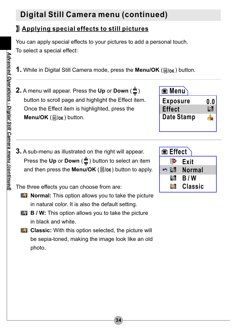 Digital still camera menu (continued), Effect, Menu | Exit normal b / w classic, Effect date stamp 0.0 exposure, Applying special effects to still pictures | AIPTEK Pocket DV4500 User Manual | Page 35 / 86
