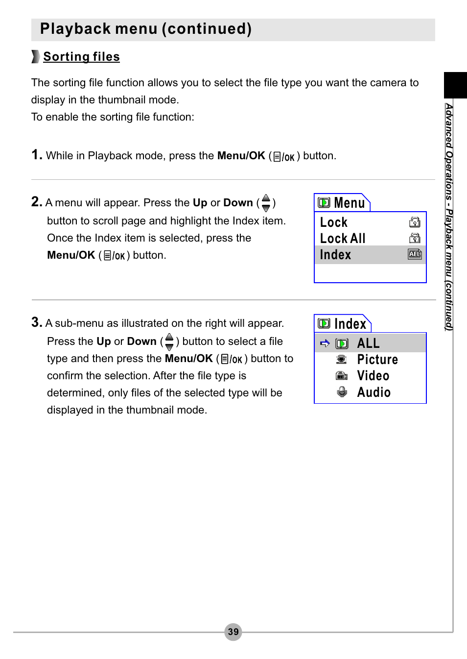 Playback menu (continued), Menu, Index | Lock lock all index, All picture video audio, Sorting files | AIPTEK Pocket DV4500 User Manual | Page 40 / 86