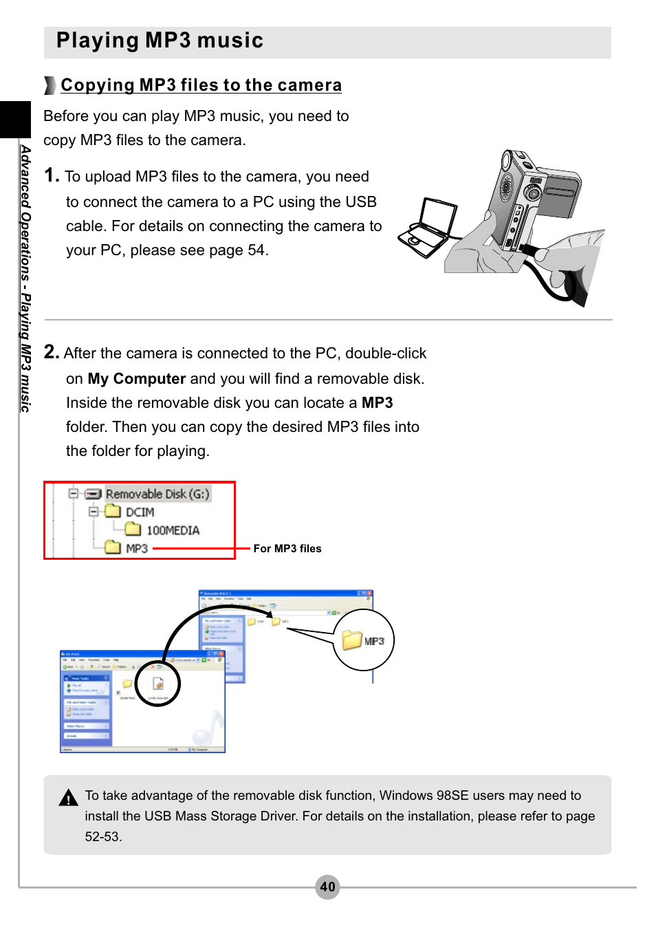 Playing mp3 music, Copying mp3 files to the camera | AIPTEK Pocket DV4500 User Manual | Page 41 / 86