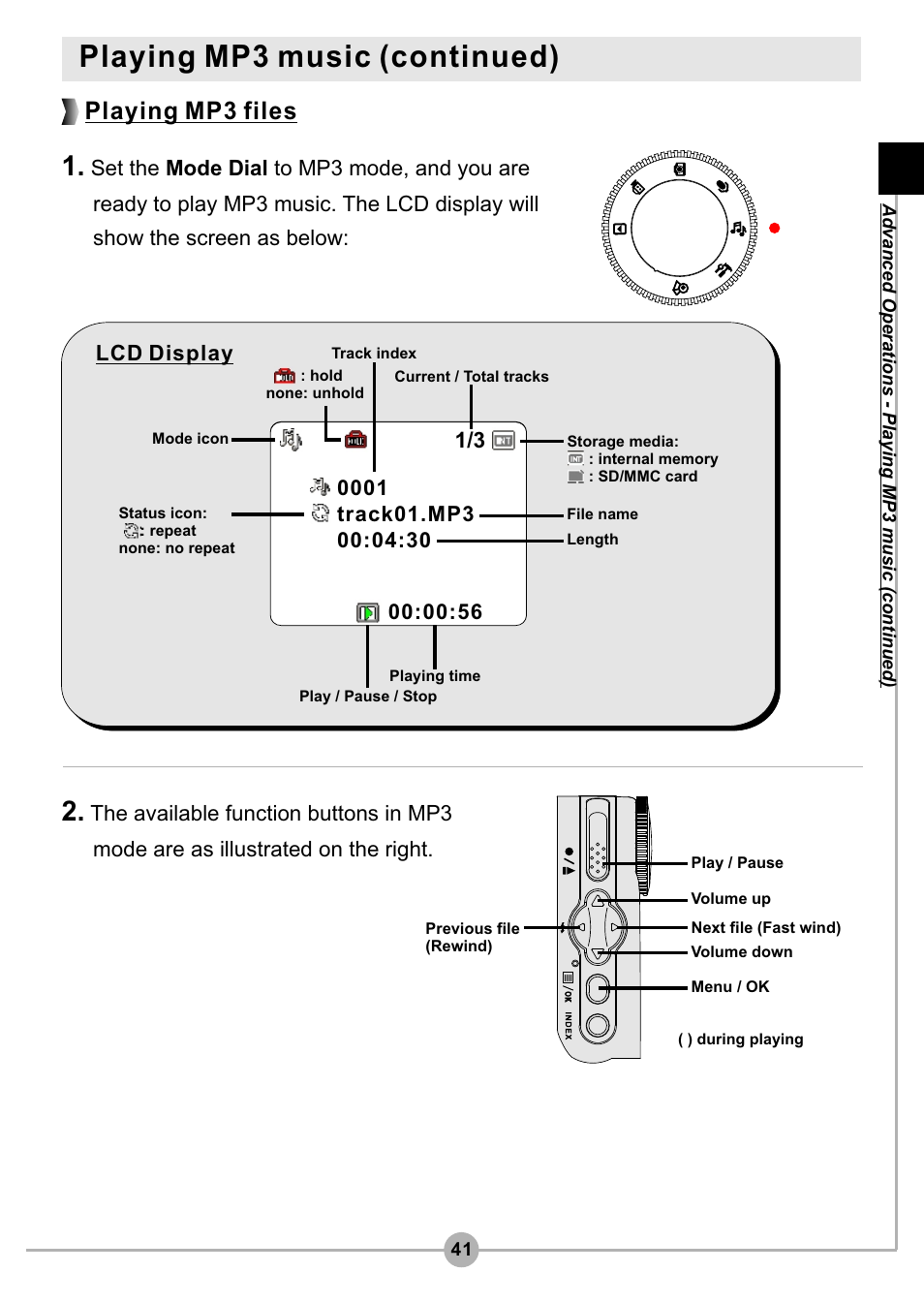 Playing mp3 music (continued), Playing mp3 files | AIPTEK Pocket DV4500 User Manual | Page 42 / 86