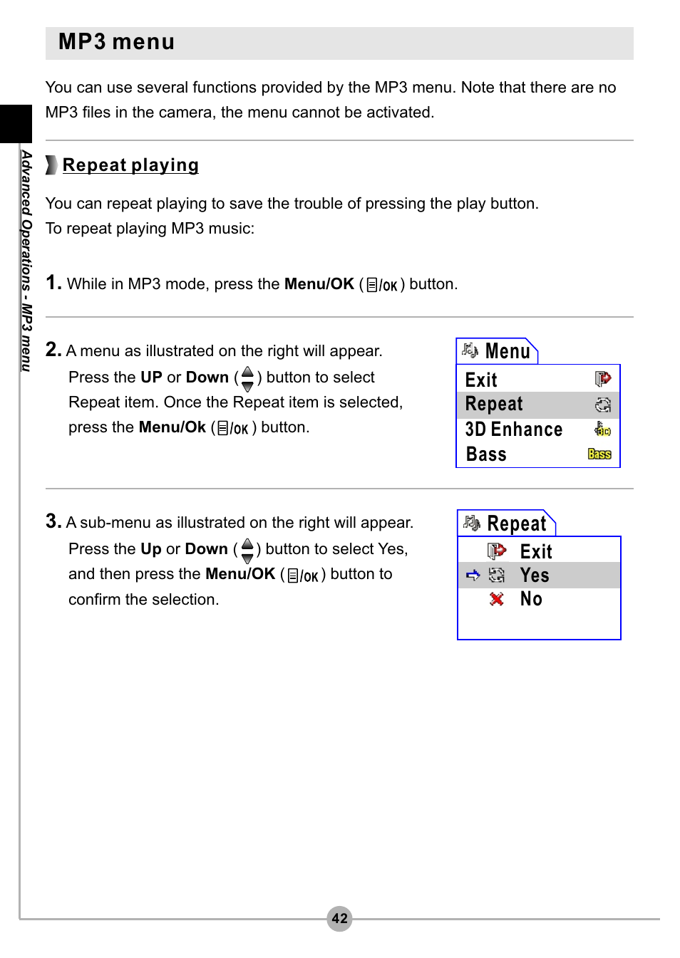 Mp3 menu, Menu, Repeat | Exit repeat 3d enhance, Exit yes no, Bass | AIPTEK Pocket DV4500 User Manual | Page 43 / 86