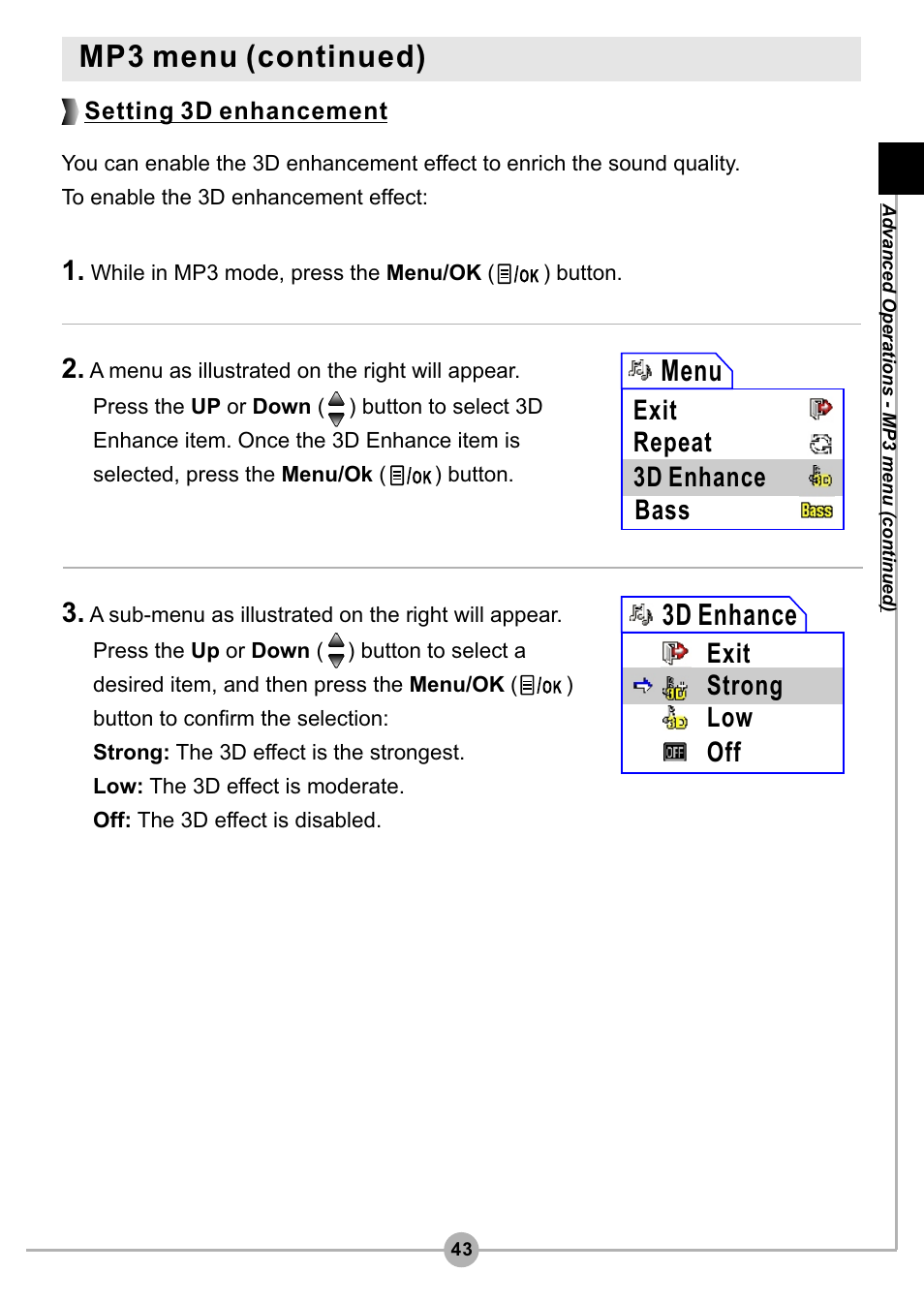 Mp3 menu (continued), 3d enhance, Menu | Exit strong low off, Exit repeat 3d enhance bass, Setting 3d enhancement | AIPTEK Pocket DV4500 User Manual | Page 44 / 86