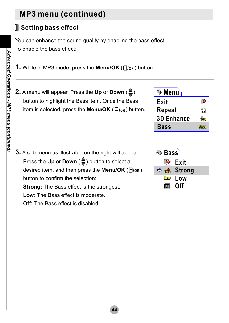 Mp3 menu (continued), Bass, Menu | Exit strong low off, Exit repeat 3d enhance bass, Setting bass effect | AIPTEK Pocket DV4500 User Manual | Page 45 / 86