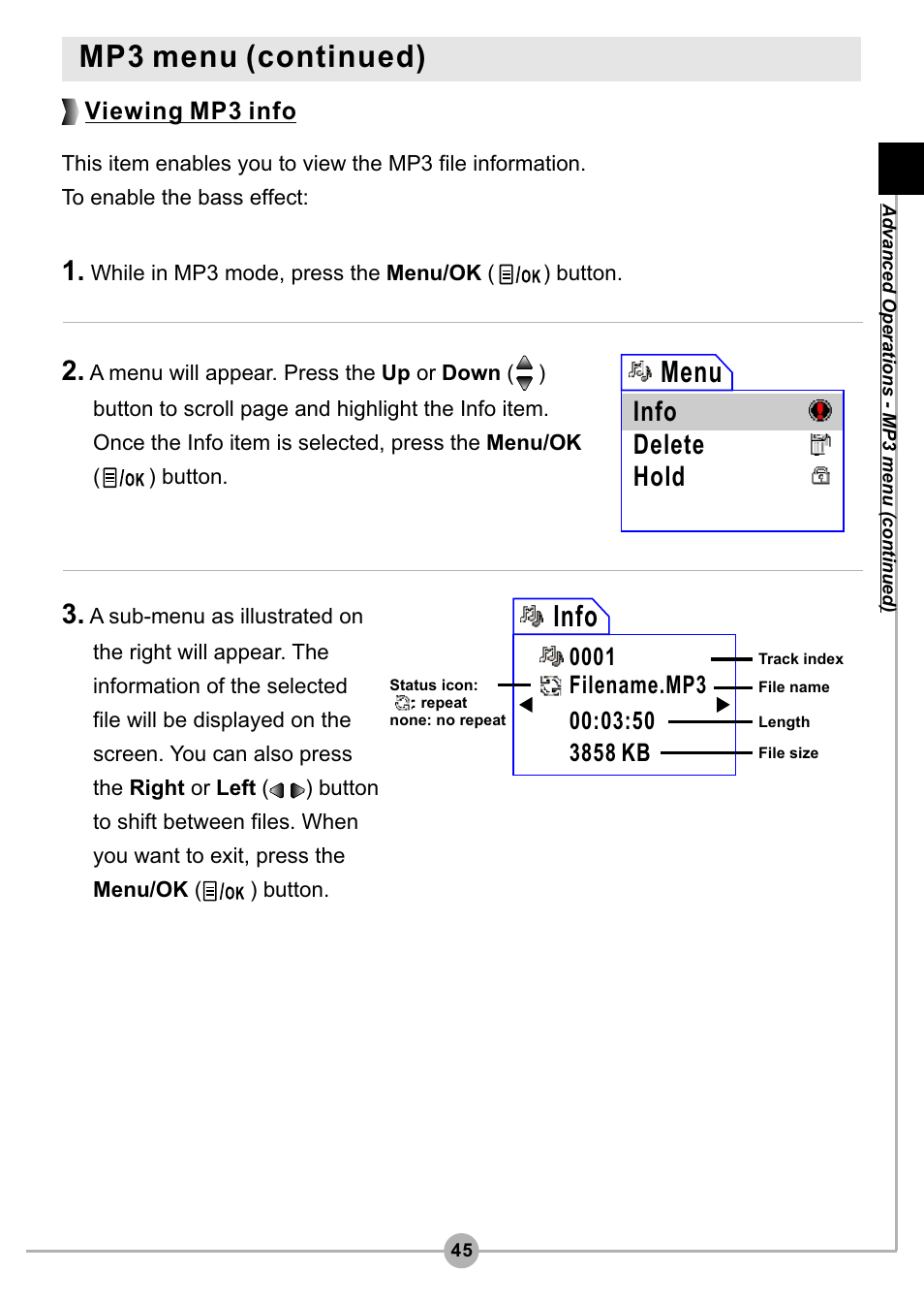 Mp3 menu (continued), Menu, Info | Info delete hold, Viewing mp3 info, Filename.mp3 | AIPTEK Pocket DV4500 User Manual | Page 46 / 86