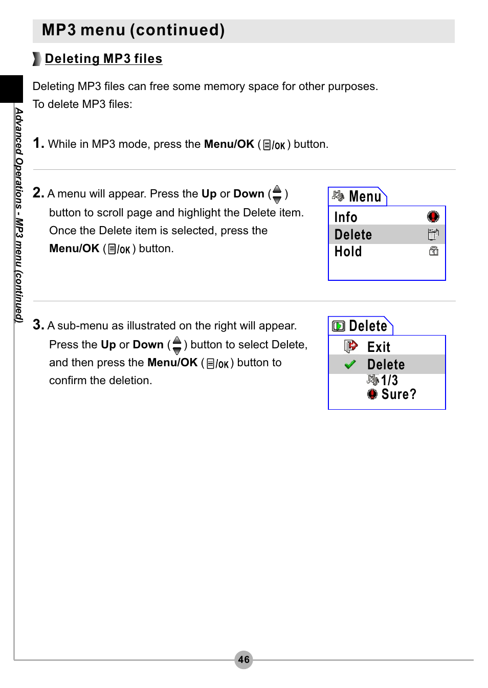 Mp3 menu (continued), Delete, Menu | Exit delete 1/3 sure, Info delete hold, Deleting mp3 files | AIPTEK Pocket DV4500 User Manual | Page 47 / 86