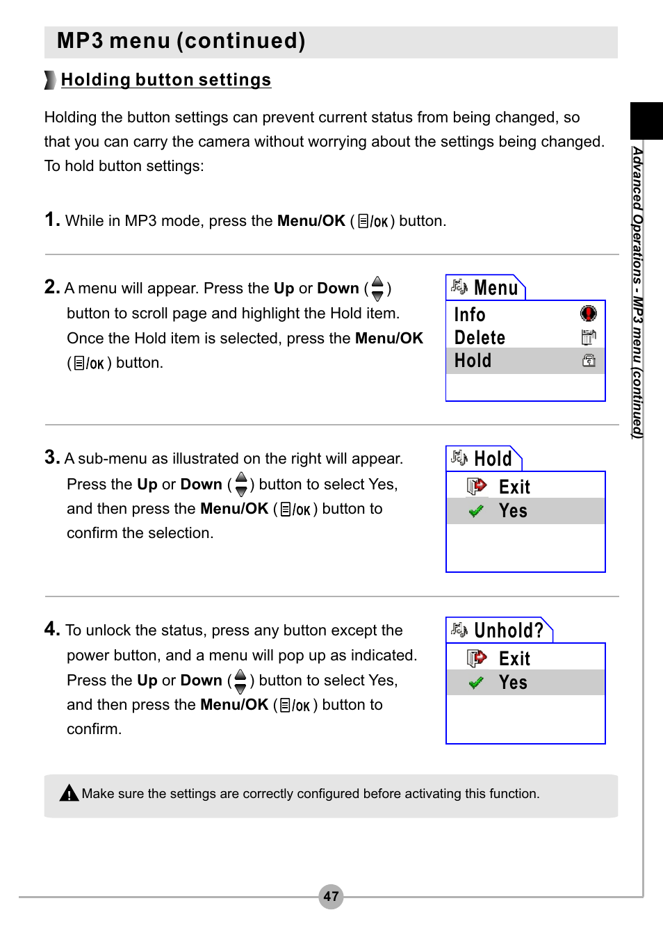 Mp3 menu (continued), Menu, Hold | Unhold, Info delete hold, Exit yes, Holding button settings | AIPTEK Pocket DV4500 User Manual | Page 48 / 86