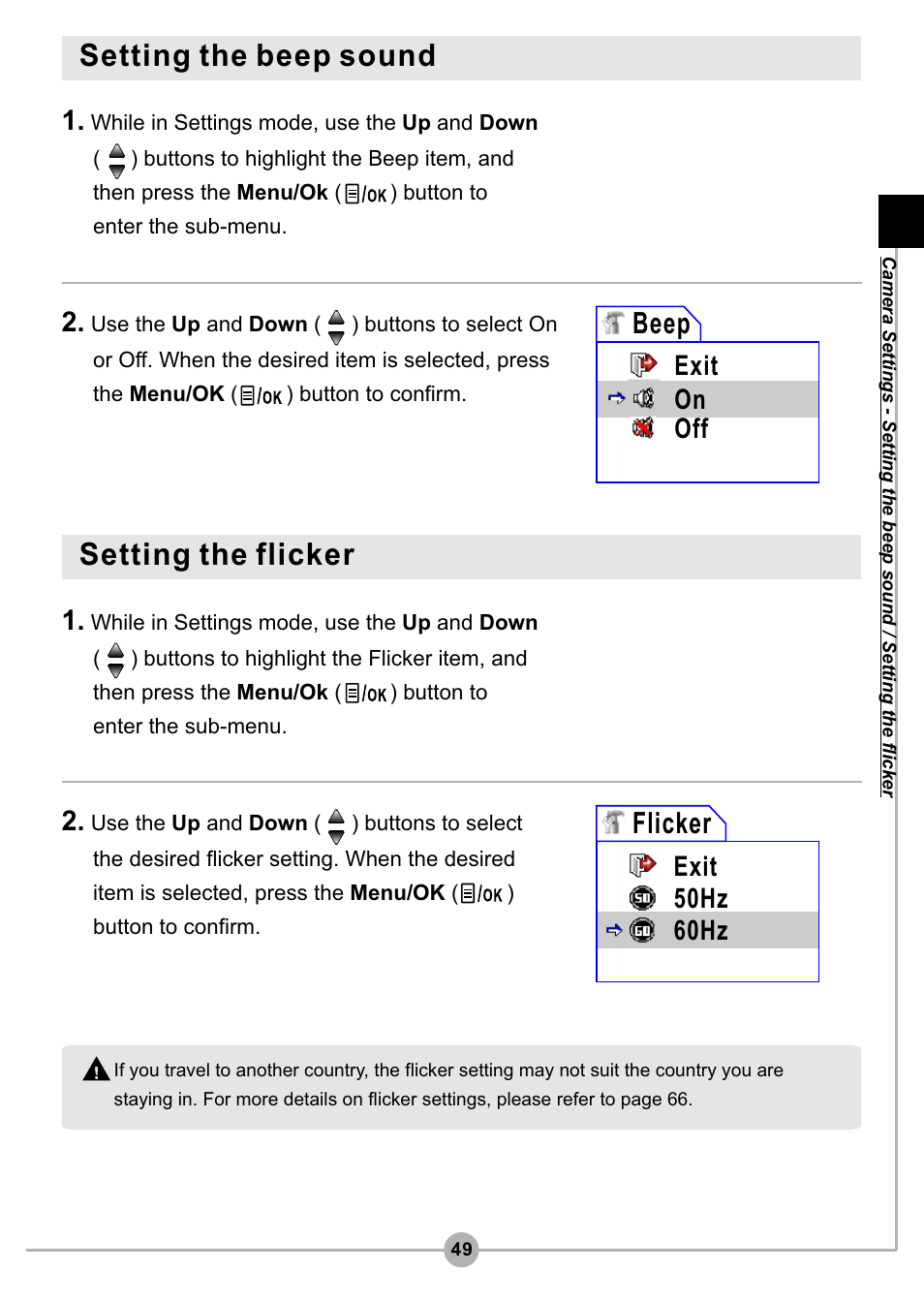 Setting the beep sound, Setting the flicker, Flicker | Beep, Exit 50hz 60hz, Exit on off | AIPTEK Pocket DV4500 User Manual | Page 50 / 86
