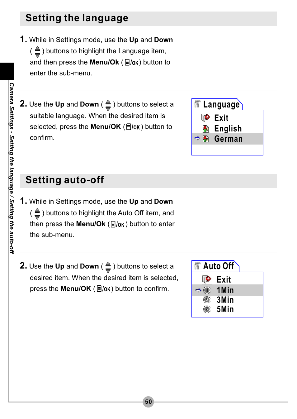 Setting the language, Setting auto-off, Language | Auto off, Exit english german, Exit 1min 3min 5min | AIPTEK Pocket DV4500 User Manual | Page 51 / 86