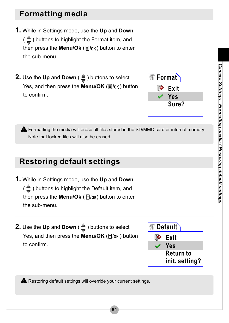 Formatting media, Restoring default settings, Format | Default, Exit yes sure, Exit yes return to init. setting | AIPTEK Pocket DV4500 User Manual | Page 52 / 86