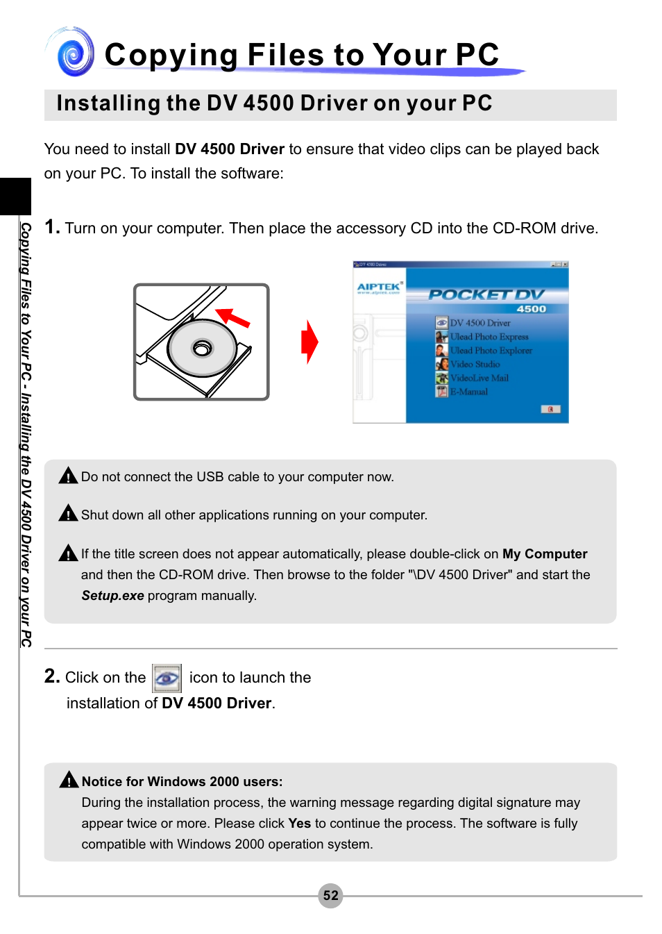 Copying files to your pc, Installing the dv 4500 driver on your pc | AIPTEK Pocket DV4500 User Manual | Page 53 / 86