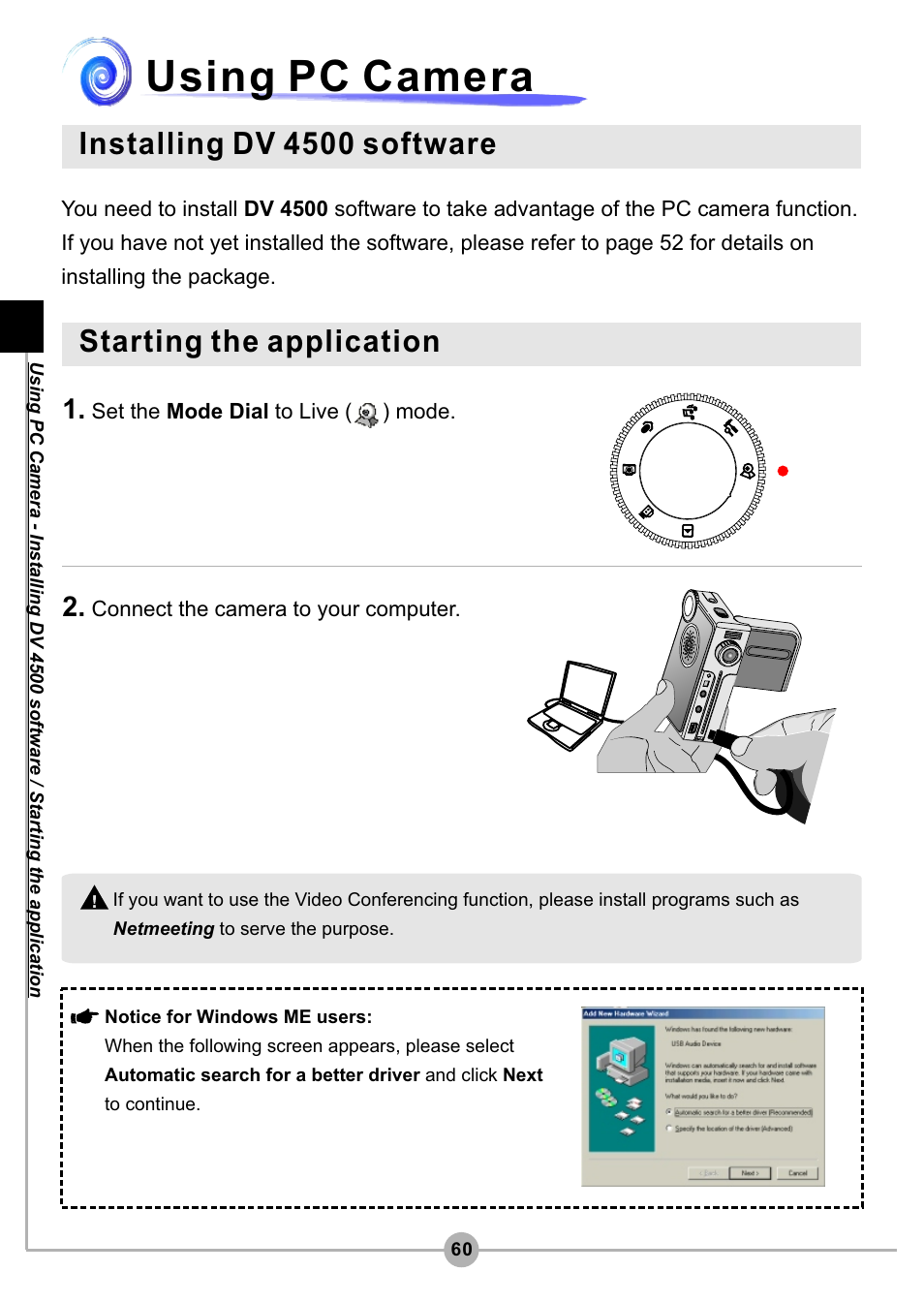 Using pc camera, Installing dv 4500 software, Starting the application | AIPTEK Pocket DV4500 User Manual | Page 61 / 86