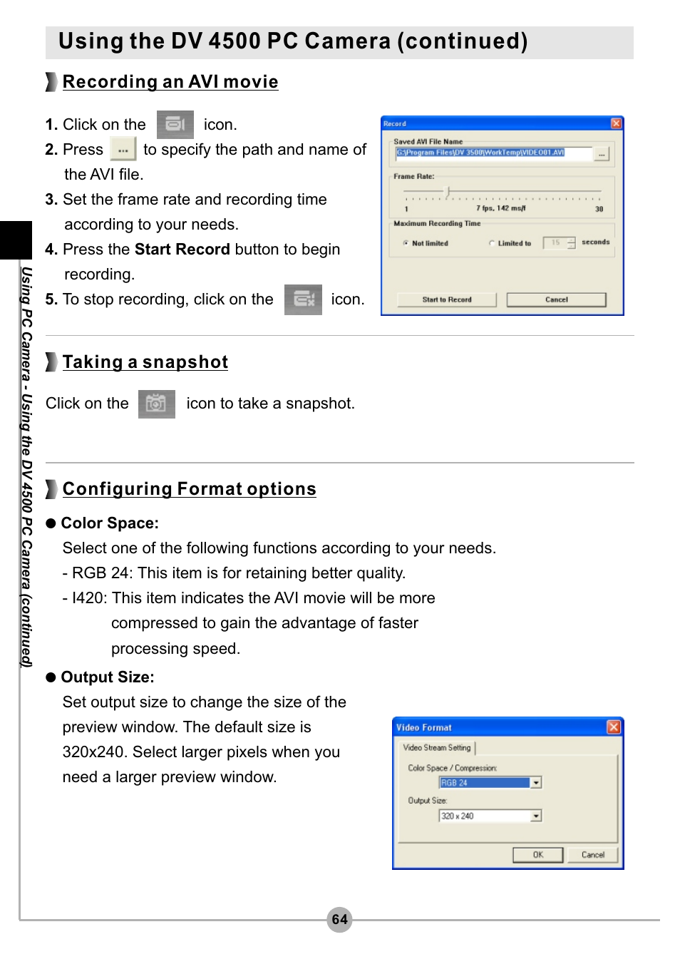 Using the dv 4500 pc camera (continued), Taking a snapshot, Recording an avi movie | Configuring format options | AIPTEK Pocket DV4500 User Manual | Page 65 / 86