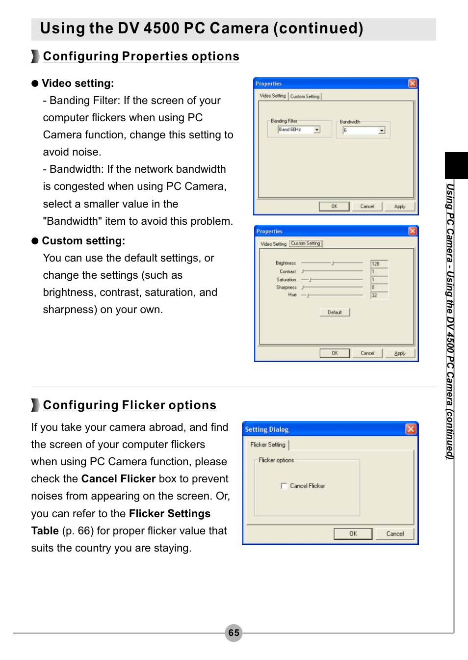Using the dv 4500 pc camera (continued), Configuring properties options, Configuring flicker options | AIPTEK Pocket DV4500 User Manual | Page 66 / 86