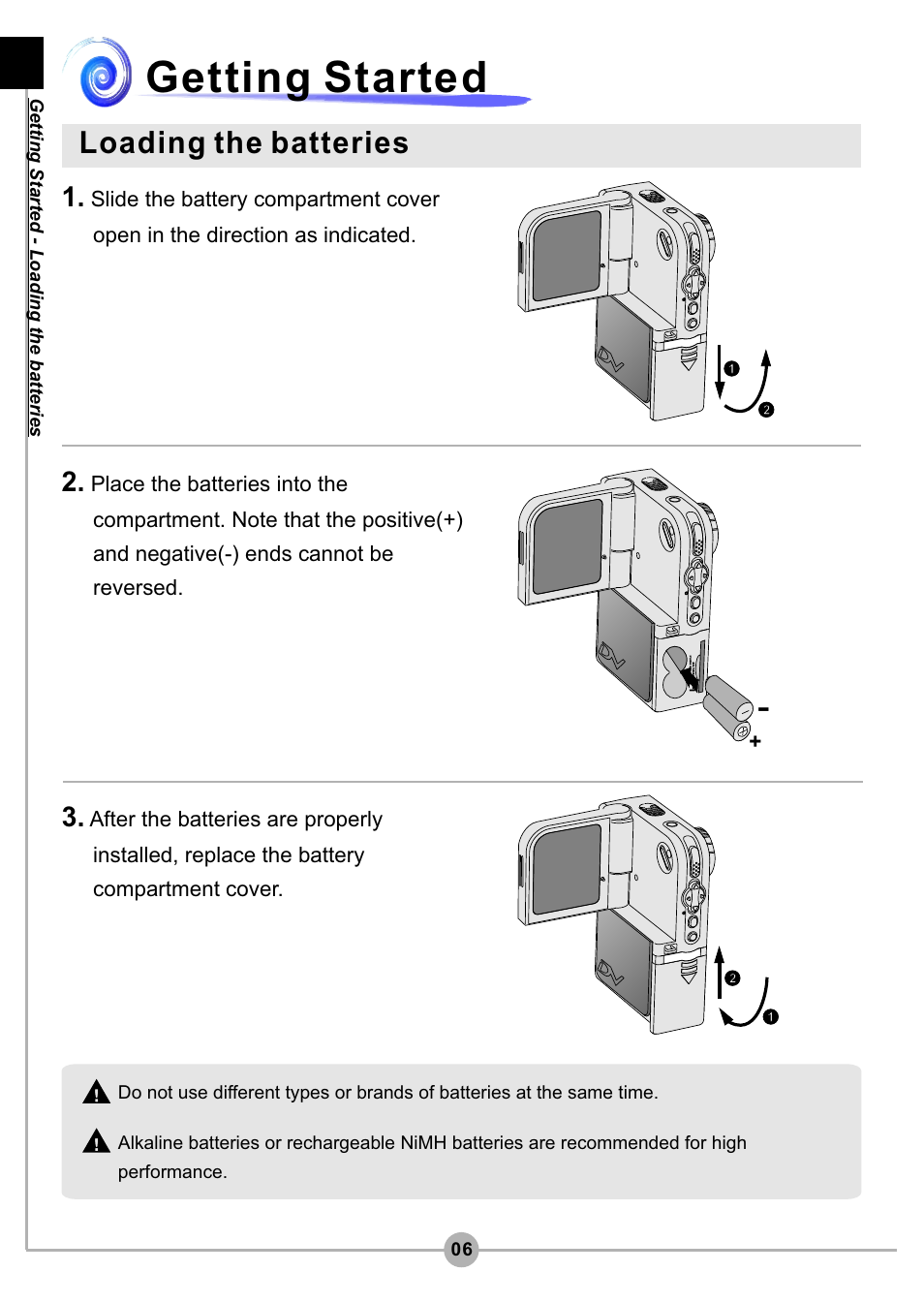 Getting started, Loading the batteries | AIPTEK Pocket DV4500 User Manual | Page 7 / 86
