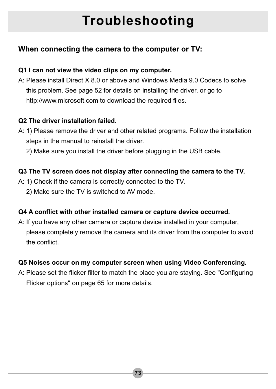Troubleshooting | AIPTEK Pocket DV4500 User Manual | Page 74 / 86