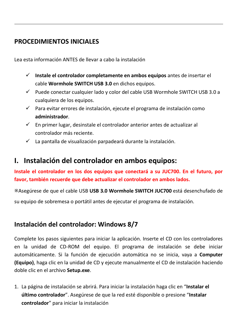 Procedimientos iniciales, I. instalación del controlador en ambos equipos, Instalación del controlador: windows 8/7 | Instalación del controlador en ambos equipos | j5 create JUC700 USB 3.0 Wormhole Switch DSS - Windows User Manual | Page 110 / 198