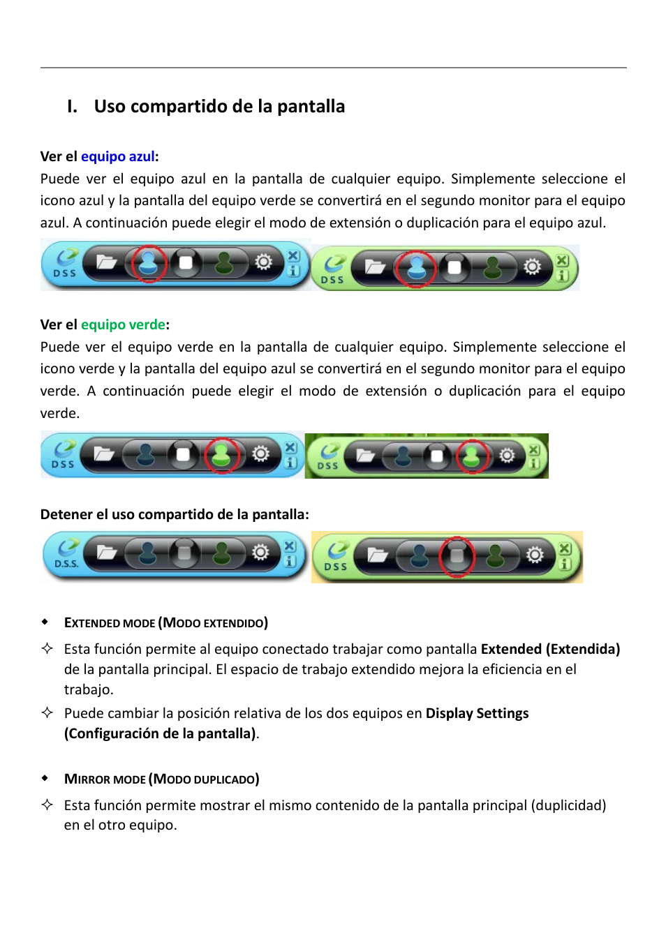 I. uso compartido de la pantalla, Extended mode (modo extendido), Mirror mode (modo duplicado) | Uso compartido de la pantalla, Wormhole wormhole juc700 | j5 create JUC700 USB 3.0 Wormhole Switch DSS - Windows User Manual | Page 127 / 198