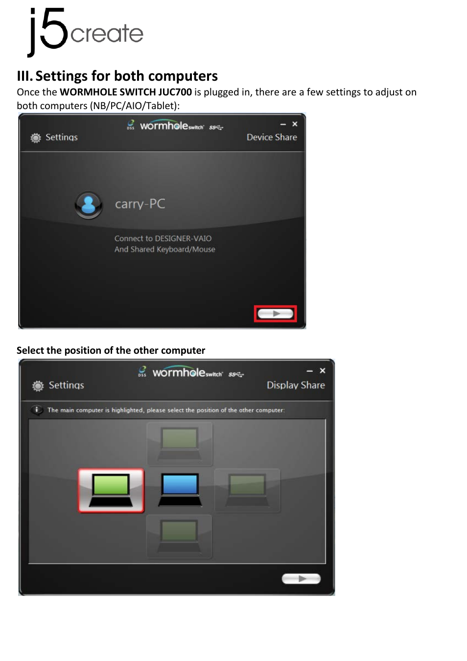 Iii. settings for both computers, Settings for both computers | j5 create JUC700 USB 3.0 Wormhole Switch DSS - Windows User Manual | Page 20 / 198