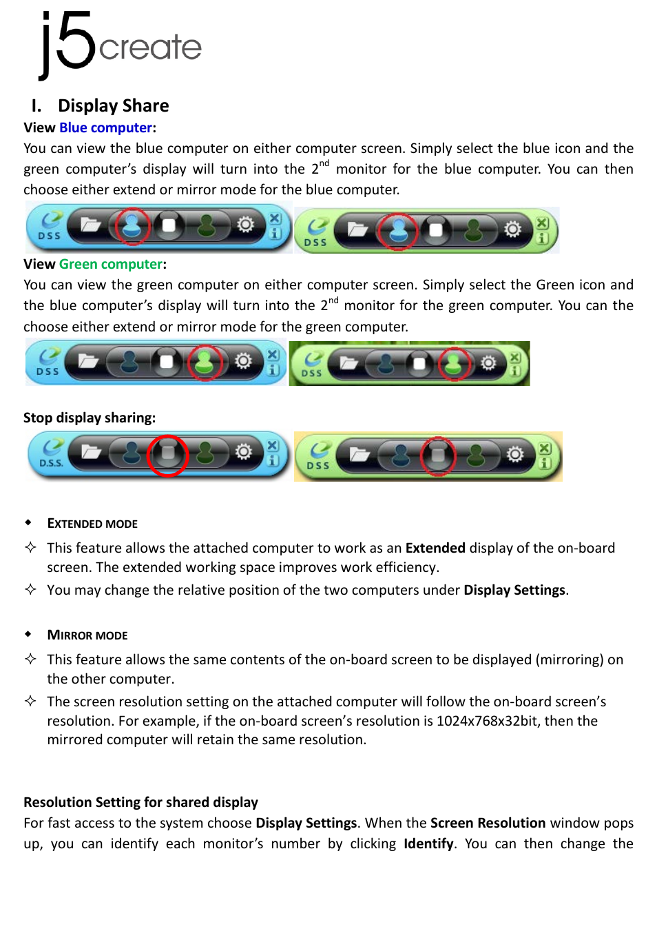 I. display share, Extended mode, Mirror mode | Display share | j5 create JUC700 USB 3.0 Wormhole Switch DSS - Windows User Manual | Page 23 / 198