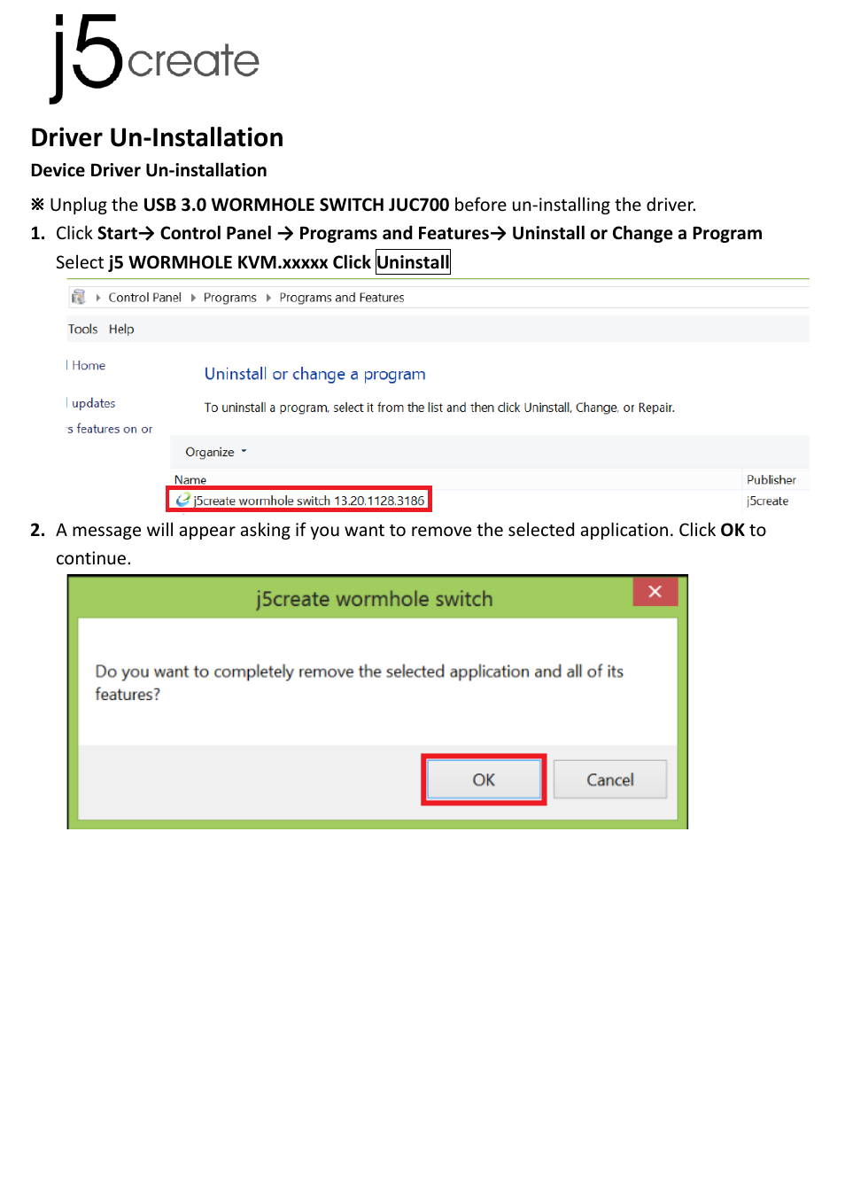 Driver un-installation | j5 create JUC700 USB 3.0 Wormhole Switch DSS - Windows User Manual | Page 29 / 198