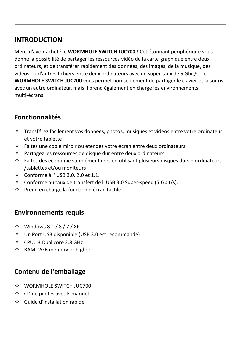 Introduction, Fonctionnalités, Environnements requis | Contenu de l'emballage | j5 create JUC700 USB 3.0 Wormhole Switch DSS - Windows User Manual | Page 37 / 198