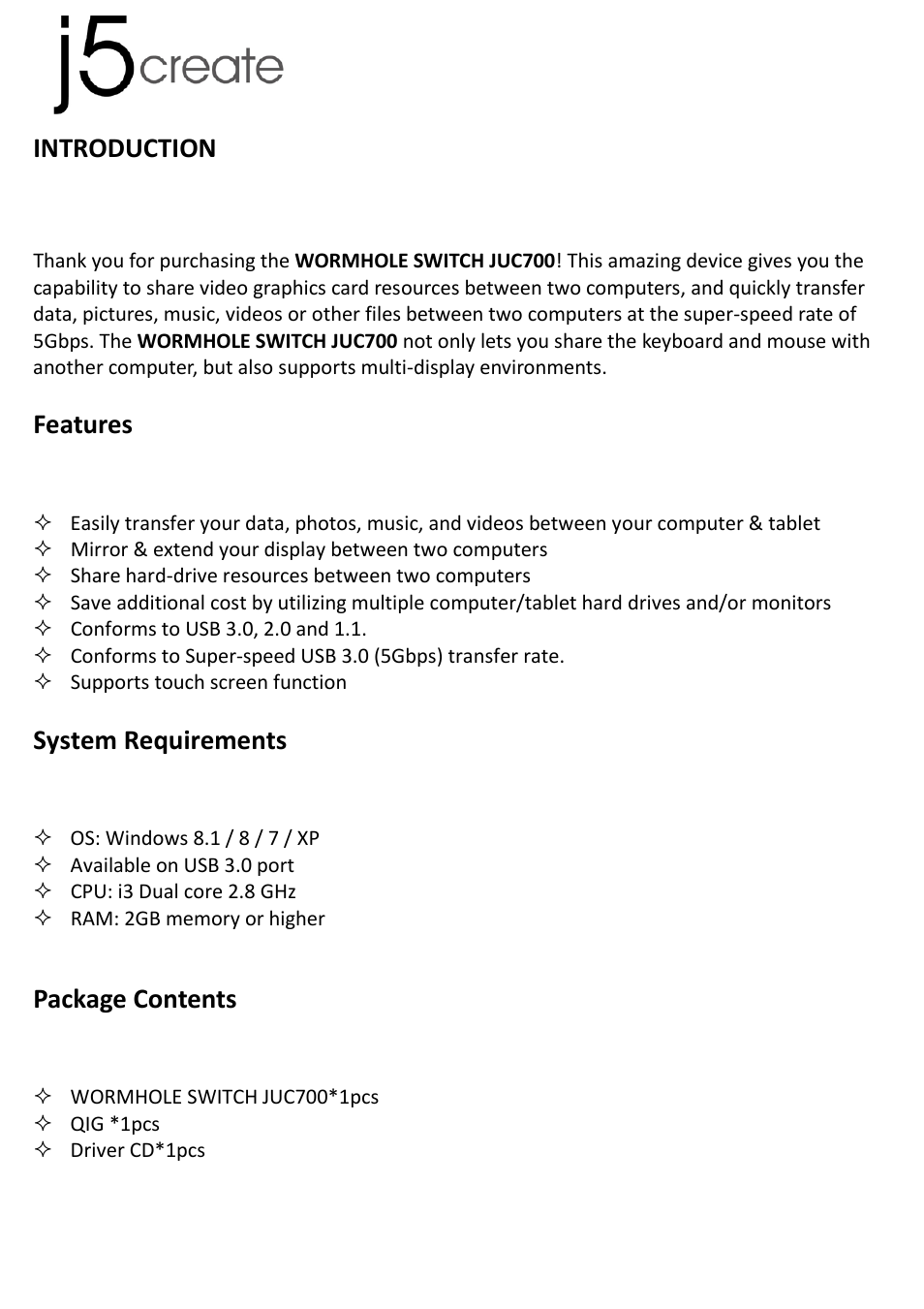 Introduction, Features, System requirements | Package contents | j5 create JUC700 USB 3.0 Wormhole Switch DSS - Windows User Manual | Page 4 / 198