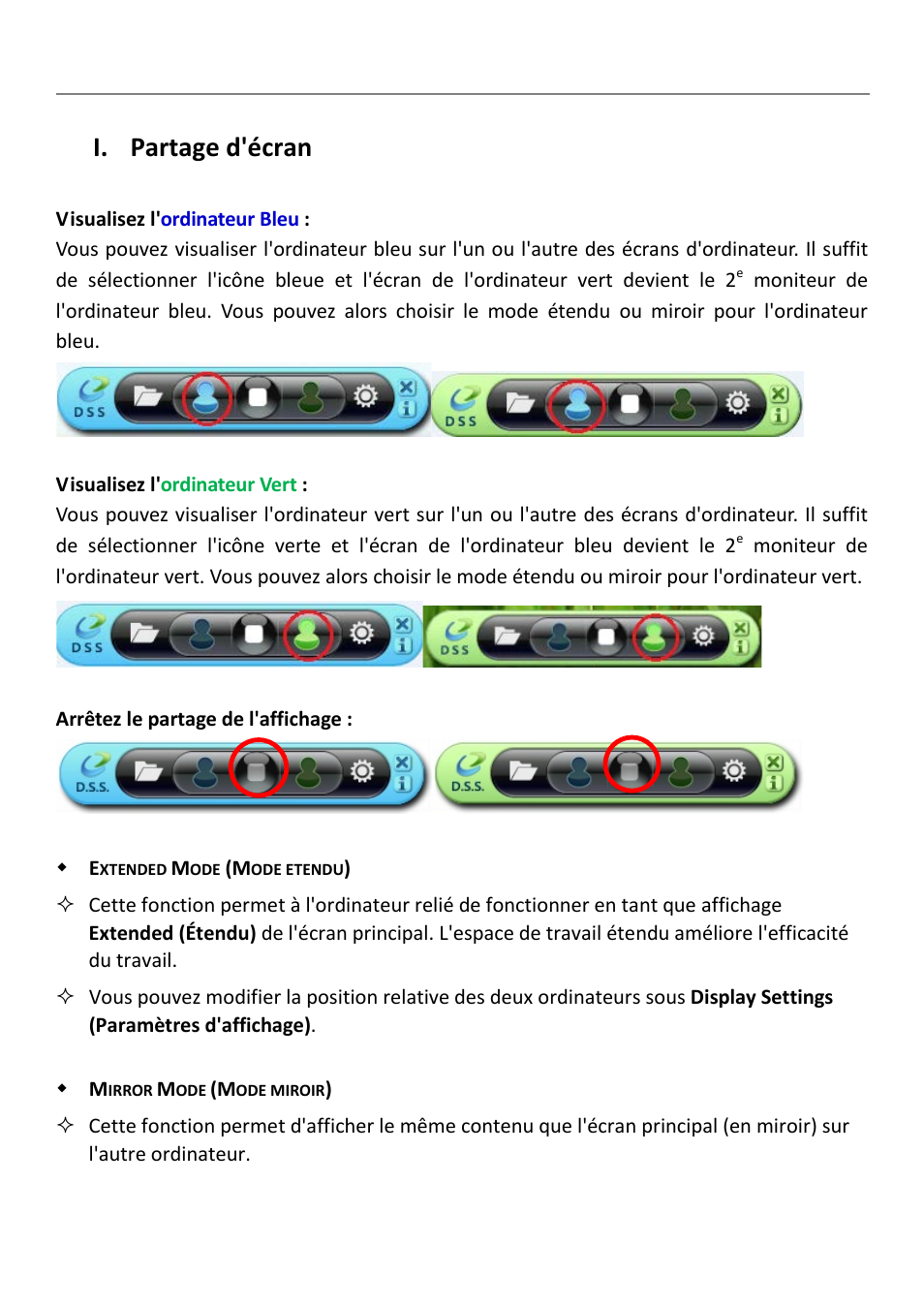 I. partage d'écran, Extended mode (mode étendu), Mirror mode (mode miroir) | Partage d'écran, Wormhole switch juc700 | j5 create JUC700 USB 3.0 Wormhole Switch DSS - Windows User Manual | Page 56 / 198