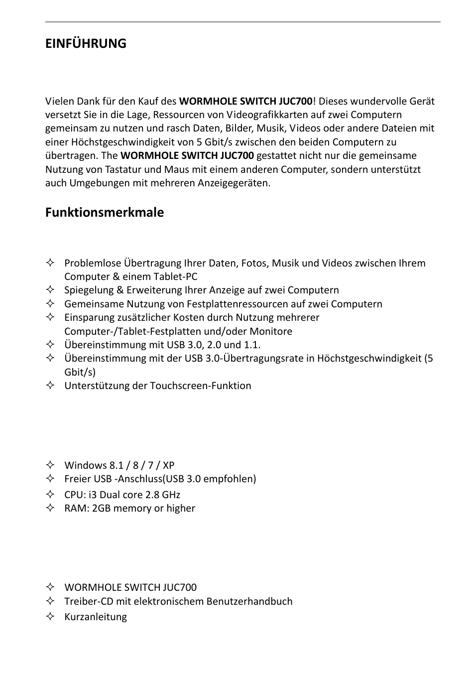 Funktionsmerkmale, Systemvoraussetzungen, Packungsinhalt | Einführung | j5 create JUC700 USB 3.0 Wormhole Switch DSS - Windows User Manual | Page 72 / 198