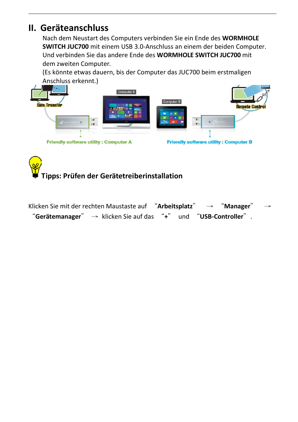 Ii. geräteanschluss, Geräteanschluss | j5 create JUC700 USB 3.0 Wormhole Switch DSS - Windows User Manual | Page 85 / 198