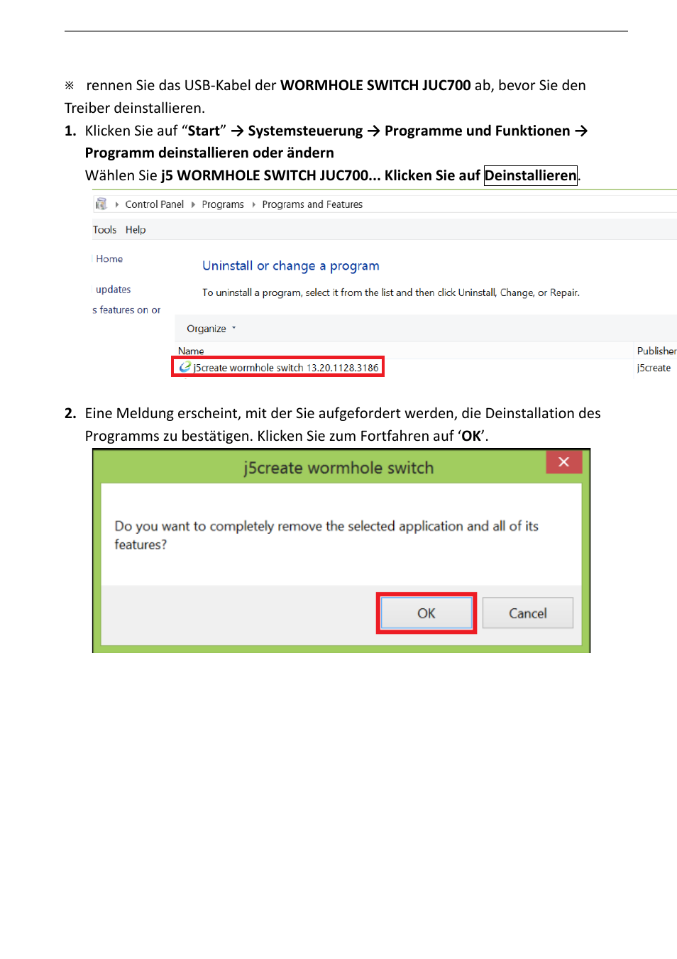 Deinstallieren des gerätetreibers | j5 create JUC700 USB 3.0 Wormhole Switch DSS - Windows User Manual | Page 97 / 198