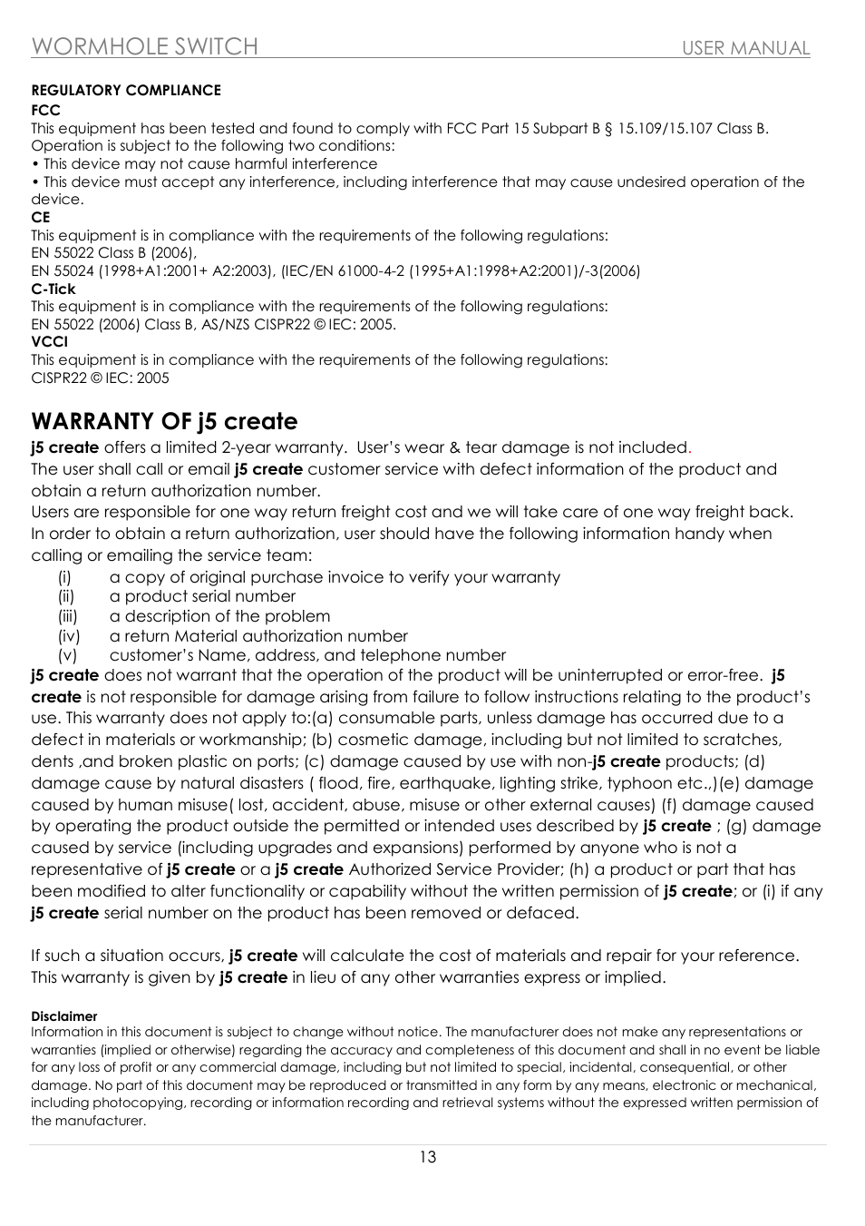 Wormhole switch, Warranty of j5 create | j5 create JUC100 Wormhole - Windows & Android User Manual | Page 13 / 80
