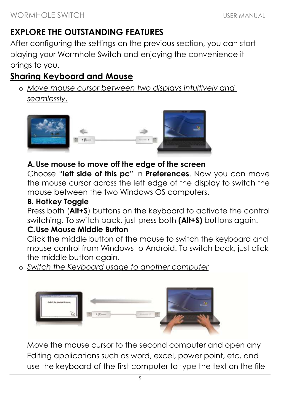 Explore the outstanding features, Sharing keyboard and mouse | j5 create JUC100 Wormhole - Windows & Android User Manual | Page 5 / 80