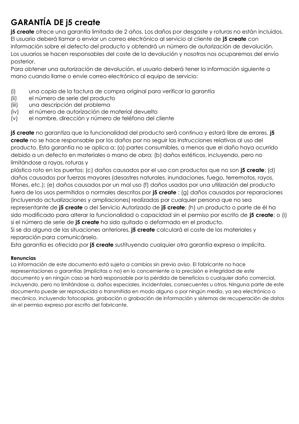 Garantía de j5 create | j5 create JUC100 Wormhole - Windows & Android User Manual | Page 54 / 80
