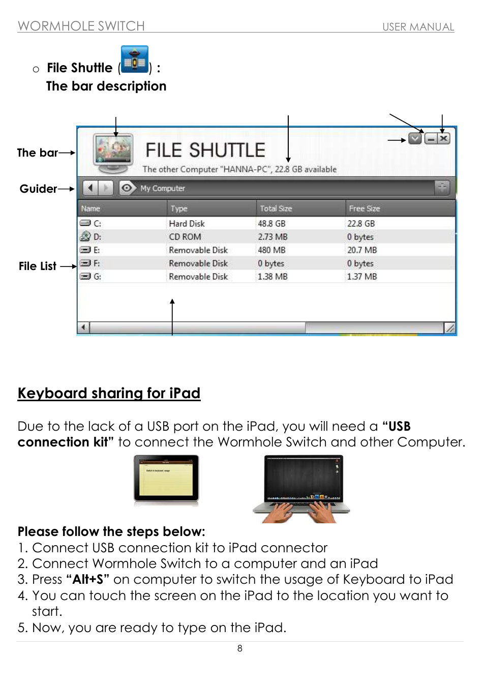 Keyboard sharing for ipad | j5 create JUC100 Wormhole - Windows & Android User Manual | Page 8 / 80