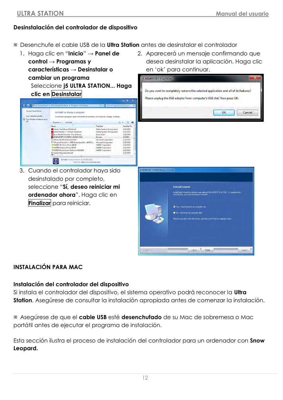 Desinstalació n del controlador de dispositivo, Instalació n para mac, Instalació n del controlador del dispositivo | j5 create JUD500 USB 3.0 Ultra Station User Manual | Page 135 / 244