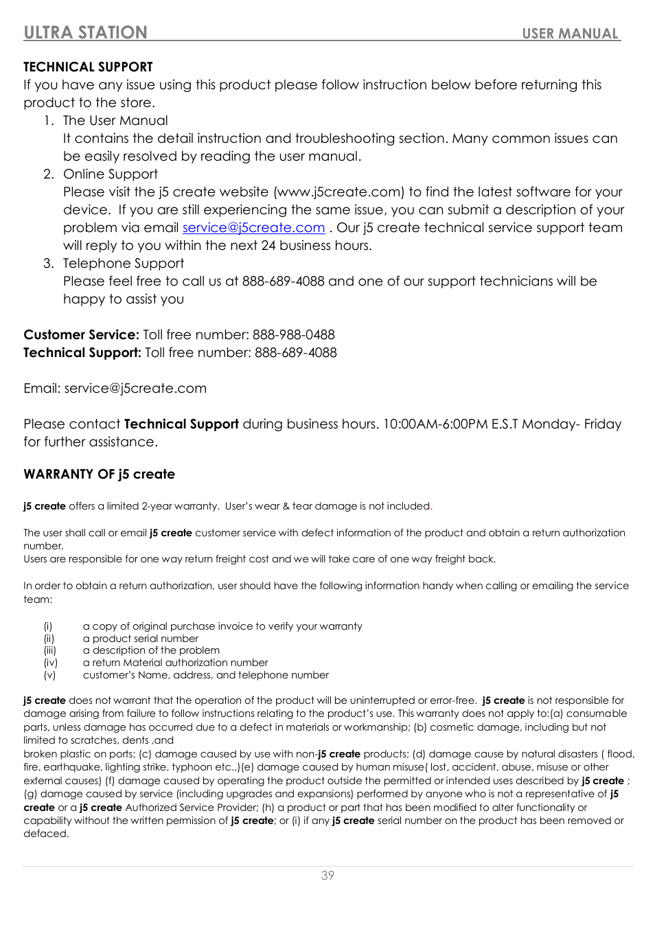 Technical support warranty of j5 create, Ultra station | j5 create JUD500 USB 3.0 Ultra Station User Manual | Page 40 / 244