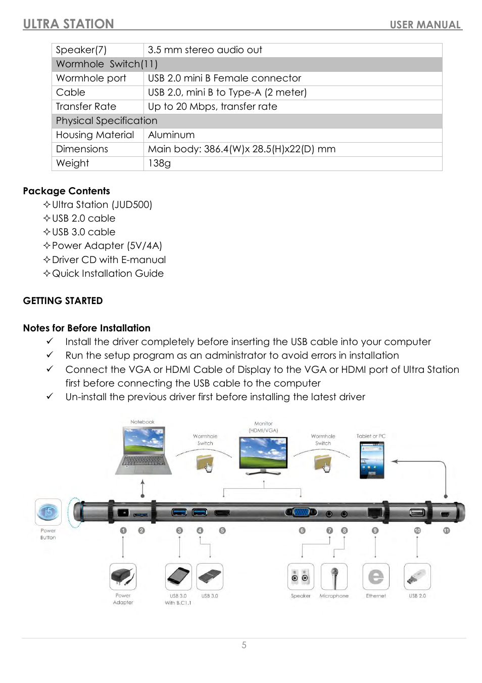 Getting started, Ultra station | j5 create JUD500 USB 3.0 Ultra Station User Manual | Page 6 / 244