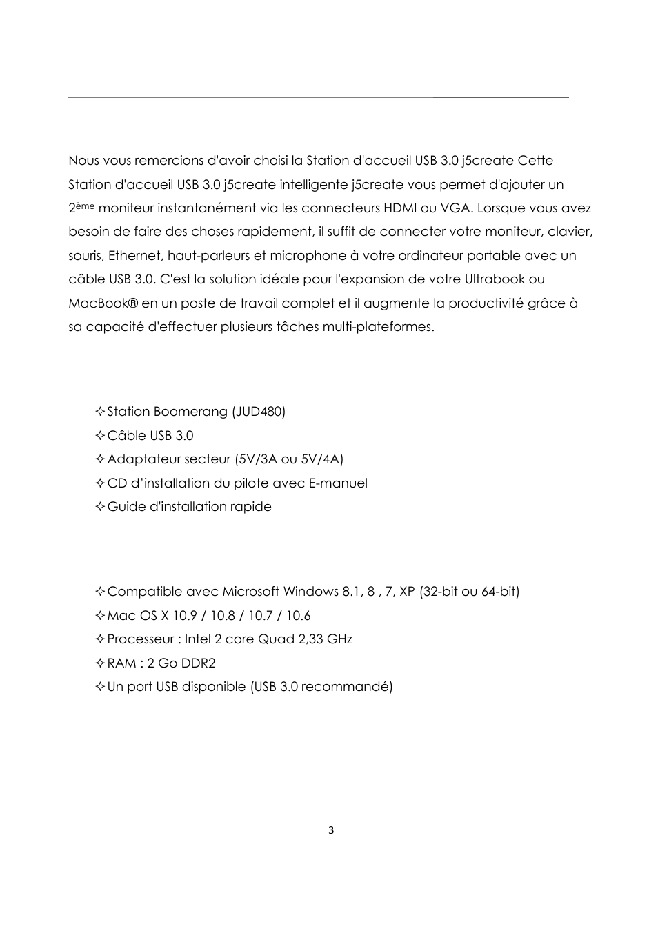 Introduction, Contenu de l'emballage, Configuration système requise | Usb3.0 boomerang station | j5 create JUD480 USB 3.0 BOOMERANG STATION User Manual | Page 24 / 122
