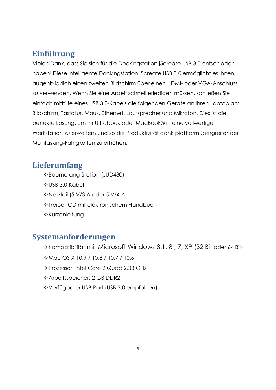 Einführung, Lieferumfang, Systemanforderungen | j5 create JUD480 USB 3.0 BOOMERANG STATION User Manual | Page 44 / 122