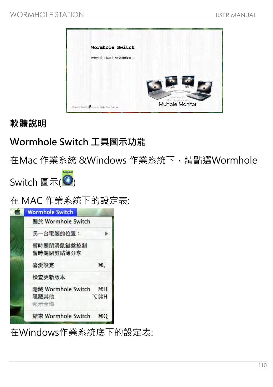 軟體說明, Wormhole switch 工具圖示功能, 在windows作業系統底下的設定表 | j5 create JUH320v2 USB 3.0 Wormhole Station User Manual | Page 110 / 155