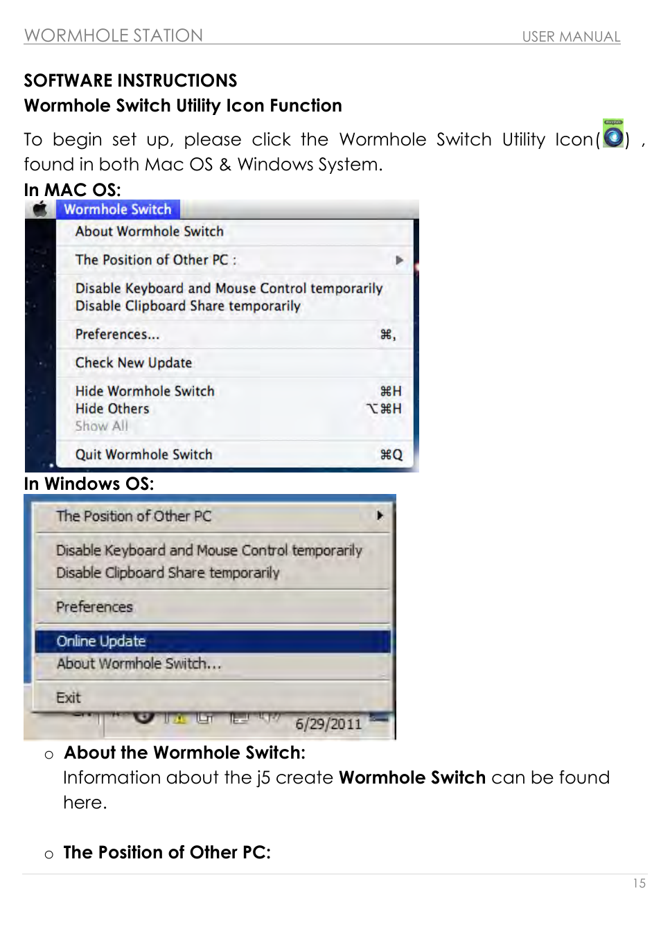 Software instructions, Wormhole switch utility icon function | j5 create JUH320v2 USB 3.0 Wormhole Station User Manual | Page 15 / 155