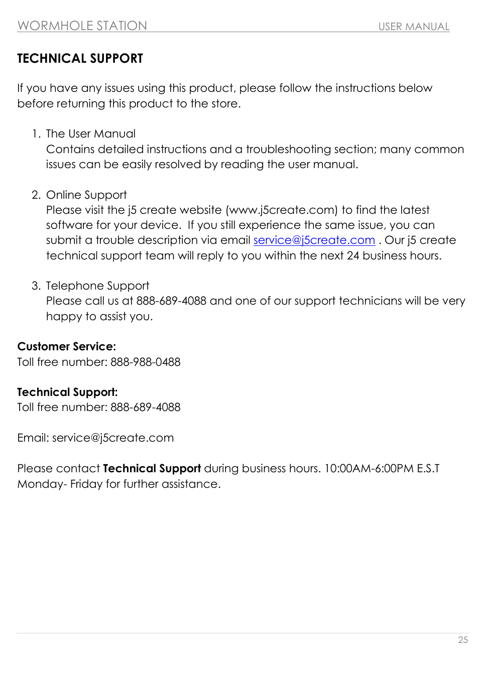 Technical support, Wormhole station | j5 create JUH320v2 USB 3.0 Wormhole Station User Manual | Page 25 / 155