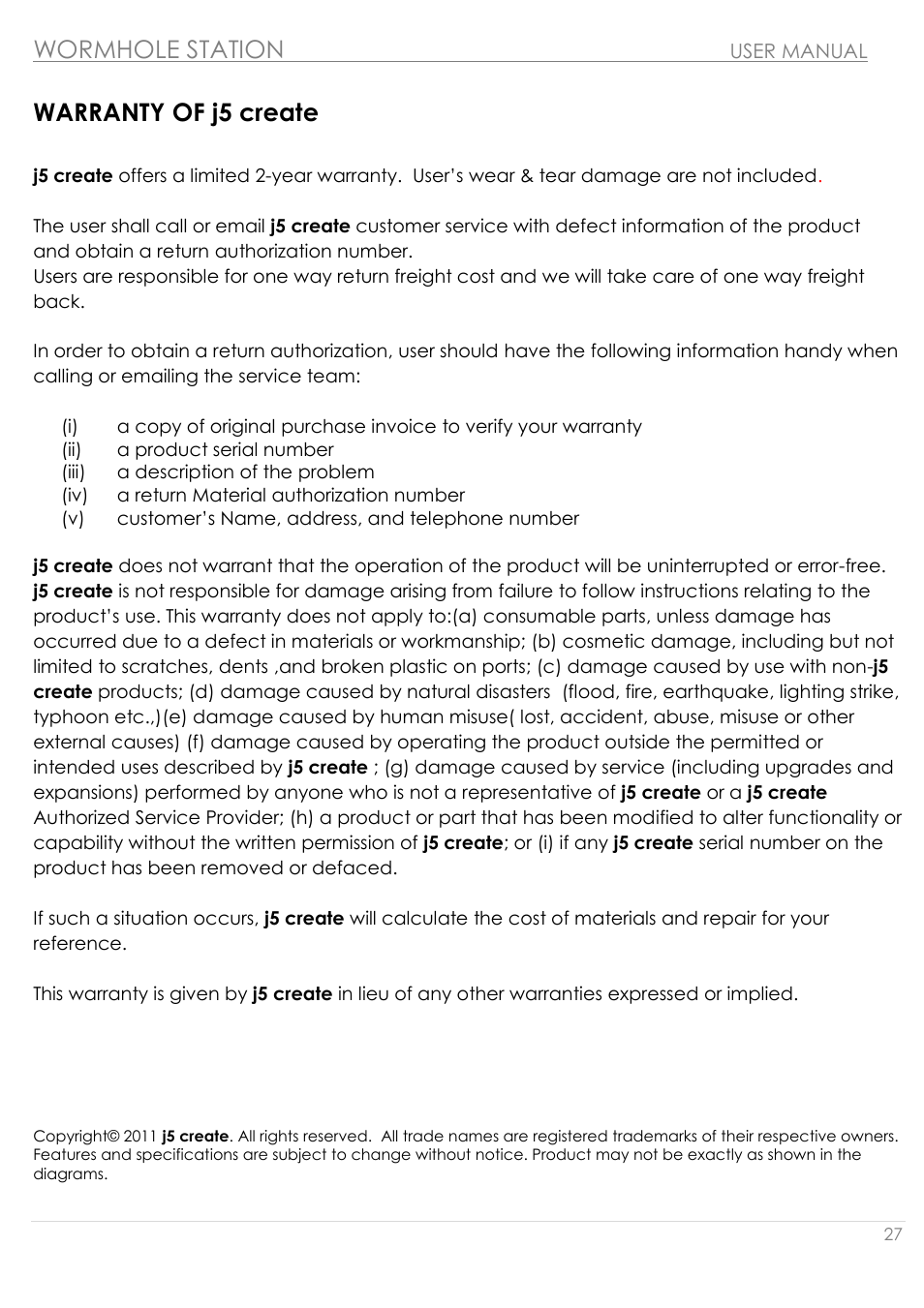 Warranty of j5 create, Wormhole station | j5 create JUH320v2 USB 3.0 Wormhole Station User Manual | Page 27 / 155