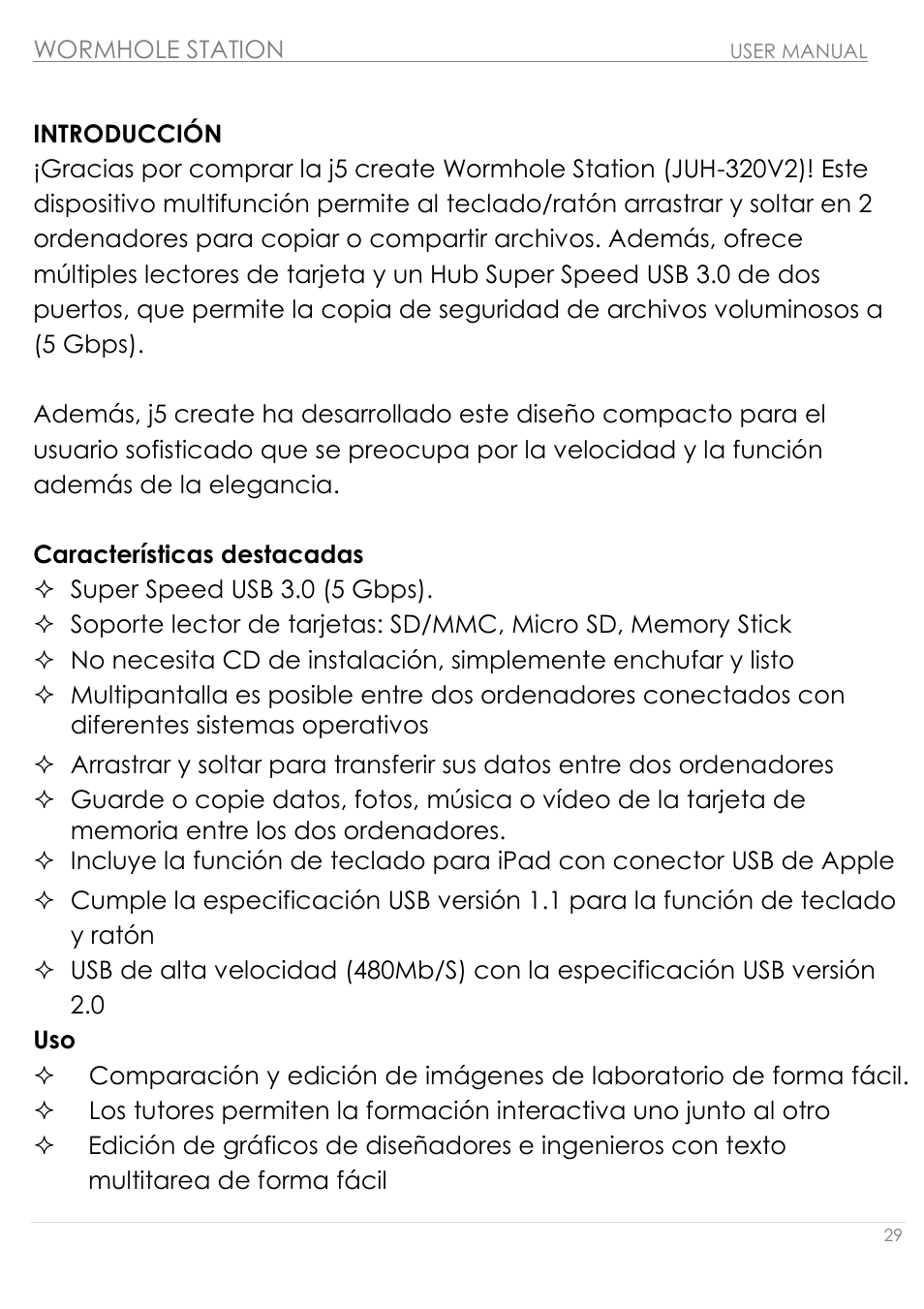Introducció n, Características destacadas uso | j5 create JUH320v2 USB 3.0 Wormhole Station User Manual | Page 29 / 155