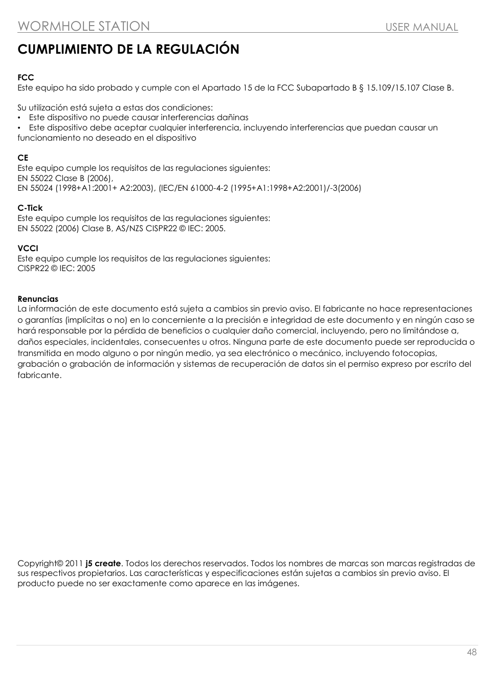 Cumplimiento de la regulació n, Wormhole station | j5 create JUH320v2 USB 3.0 Wormhole Station User Manual | Page 48 / 155